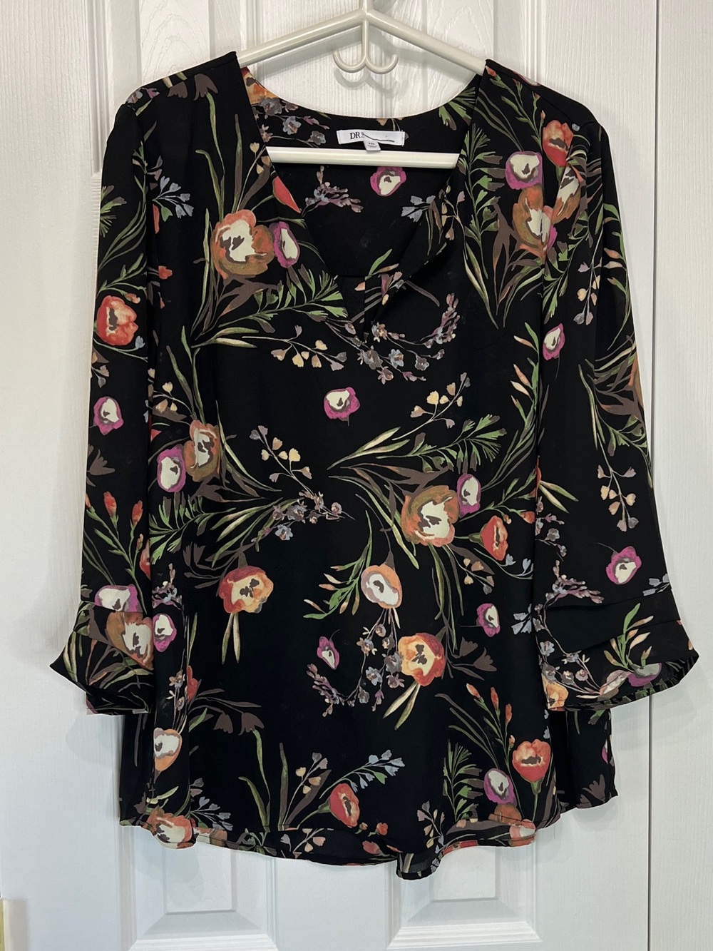 DR2 Black Floral V-Neck Tunic with Bell Sleeves